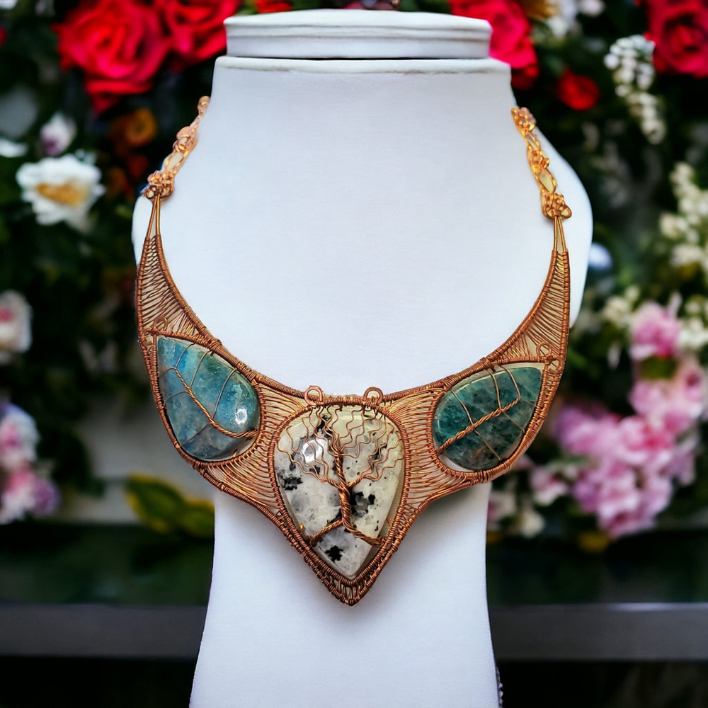 Natural Rainbow Moonstone bib necklace heady copper wire wrap choker Apatite le - Picture 1 of 10